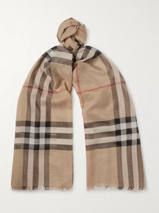 BURBERRY FRINGED CHECKED WOOL AND SILK-BLEND SCARF
