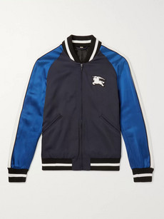Burberry Logo-appliquéd Striped Satin And Twill Bomber Jacket In Navy