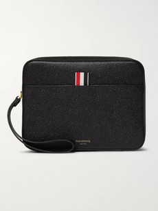 Thom Browne Striped Grosgrain-trimmed Pebble-grain Leather Pouch In Black
