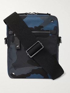 Valentino Garavani Leather-trimmed Camouflage-print Canvas Messenger Bag In Blue