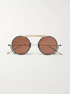 THOM BROWNE ROUND-FRAME NAVY AND GOLD-TONE SUNGLASSES