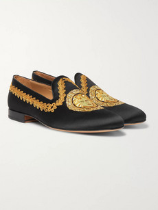 Versace Embroidered Satin Loafers In Black