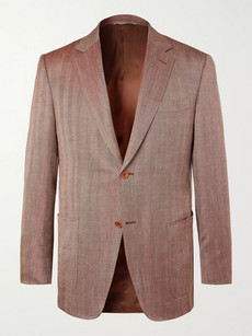 Canali Brown Slim-fit Unstructured Herringbone Wool, Silk And Linen-blend Blazer