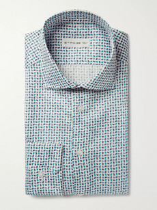 Etro Blue Slim-fit Micro Paisley-print Cotton-blend Shirt