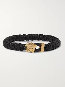 Versace Woven Leather And Brass Bracelet In Black