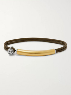 Bottega Veneta Intrecciato Leather, Gold And Silver Bracelet In Army Green