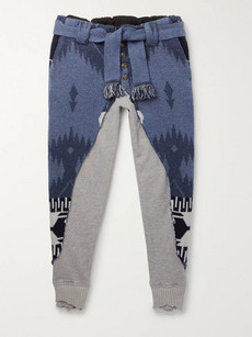 Alanui Greg Lauren Tapered Panelled Cashmere-intarsia And Loopback Cotton-jersey Sweatpants In Blue