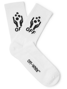Off-white Logo-intarsia Stretch Cotton-blend Socks In White