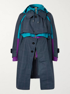 SACAI LAYERED CHECKED WOOL-BLEND AND SHELL COAT
