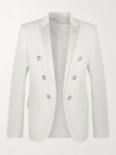BALMAIN WHITE SLIM-FIT DOUBLE-BREASTED SATIN-TRIMMED WOOL BLAZER