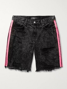 Amiri Thrasher Neon-striped Distressed Denim Shorts In Black