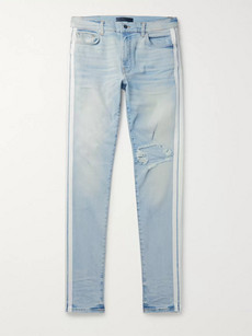 Amiri Track Stack Skinny-fit Striped Distressed Stretch-denim Jeans In Blue