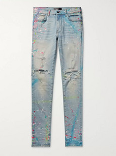 Amiri Skinny-fit Distressed Paint-splattered Stretch-denim Jeans In Blue