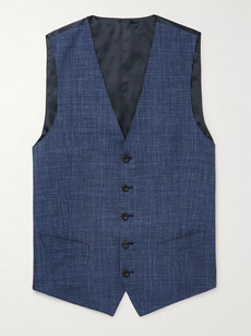 Thom Sweeney Blue Checked Wool, Silk And Linen-blend Waistcoat