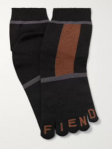 Fendi Logo-intarsia Colour-block Stretch-knit Socks In Black