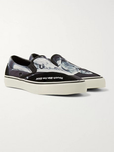 Takahiromiyashita The Soloist + Clearweather Dodds Suede-trimmed Printed Canvas Slip-on Sneakers In Black