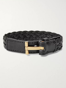 Tom Ford Woven Leather And Gold-tone Bracelet In Black