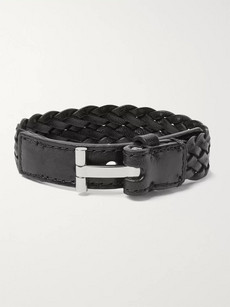 Tom Ford Woven Leather And Silver-tone Bracelet In Black