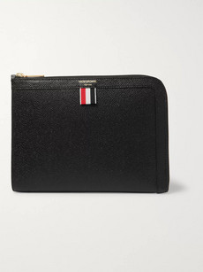 Thom Browne Striped Grosgrain-trimmed Pebble-grain Leather Zip-around Pouch In Black
