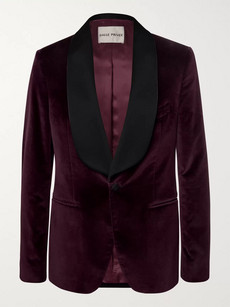 Salle Privée Burgundy Bori Slim-fit Satin-trimmed Cotton-velvet Tuxedo Jacket