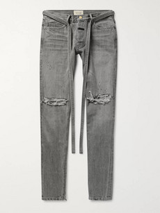 FEAR OF GOD STRAIGHT-LEG TAPERED BELTED DISTRESSED SELVEDGE DENIM JEANS