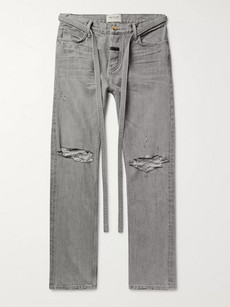 Fear Of God Relaxed-fit Belted Distressed Selvedge Denim Jeans In Gray