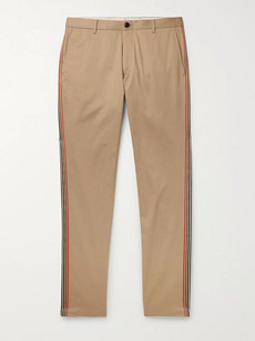 BURBERRY SLIM-FIT GROSGRAIN-TRIMMED COTTON-TWILL CHINOS