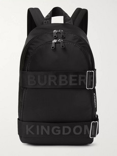 BURBERRY LOGO-JACQUARD WEBBING AND LEATHER-TRIMMED SHELL BACKPACK