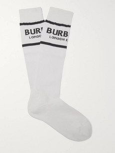 Burberry Ribbed Logo-intarsia Stretch Cotton-blend Socks In White