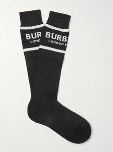 Burberry Ribbed Logo-intarsia Stretch Cotton-blend Socks In Black