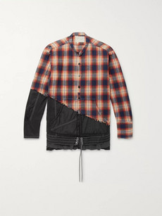 Greg Lauren + Birdwell Grandad-collar Panelled Distressed Checked Cotton-flannel And Nylon Shirt In Orange
