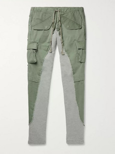 Greg Lauren Tapered Cotton Twill-panelled Mélange Loopback Jersey Sweatpants In Green
