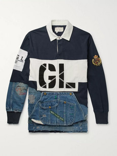 GREG LAUREN PANELLED DISTRESSED COTTON-JERSEY AND DENIM RUGBY SHIRT