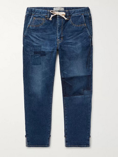 Remi Relief Slim-fit Tapered Cropped Patchwork Denim Drawstring Jeans In Blue