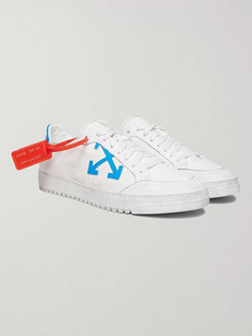OFF-WHITE DISTRESSED LEATHER-TRIMMED CANVAS SNEAKERS