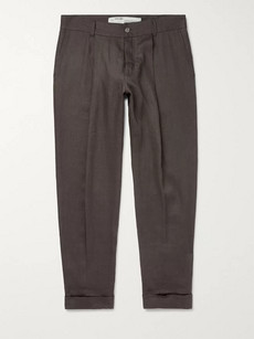 Off-white Wide-leg Cropped Logo-embroidered Linen Trousers In Brown