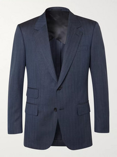 Kingsman Navy Unstructured Herringbone Wool, Silk And Linen-blend Suit Jacket In Blue