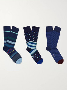 Paul Smith Three-pack Striped Stretch Cotton-blend Socks In Blue