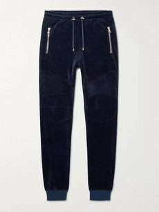 Balmain Slim-fit Tapered Cotton-blend Velvet Biker Sweatpants In Blue
