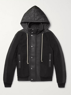 Rick Owens Shell And Leather-panelled Wool-fleece Hooded Jacket In Black