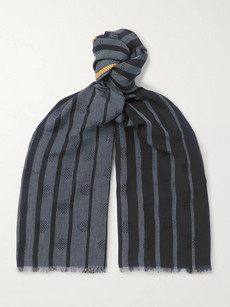 Paul Smith Fringed Striped Wool-blend Jacquard Scarf In Blue