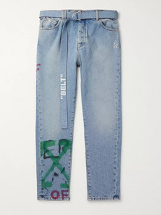 OFF-WHITE SLIM-FIT TAPERED BELTED SPRAY-PAINTED DENIM JEANS