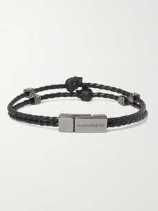 Alexander Mcqueen Gunmetal-tone And Braided Leather Bracelet In Black