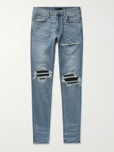 Amiri Mx1 Skinny-fit Leather-panelled Distressed Stretch-denim Jeans In Blue