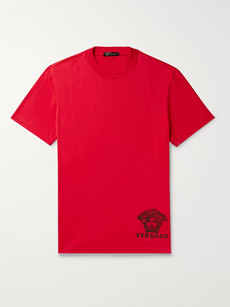 Versace Logo-embroidered Cotton-jersey T-shirt In Red
