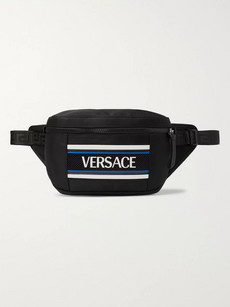 Versace Logo-appliquéd Mesh-trimmed Nylon Belt Bag In Black