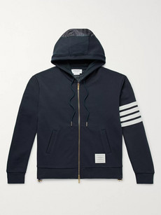 Thom Browne Panelled Striped Loopback Cotton-jersey And Ripstop Zip-up Hoodie In Blue