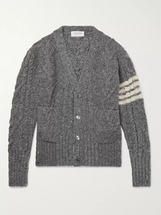 THOM BROWNE GROSGRAIN-TRIMMED STRIPED CABLE-KNIT WOOL AND MOHAIR-BLEND CARDIGAN