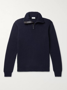 Brioni Leather-trimmed Cashmere Half-zip Sweater In Blue