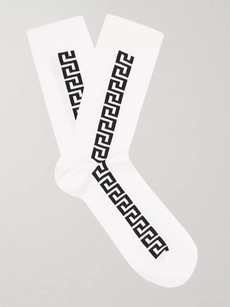 Versace Logo-intarsia Stretch Cotton-blend Socks In White